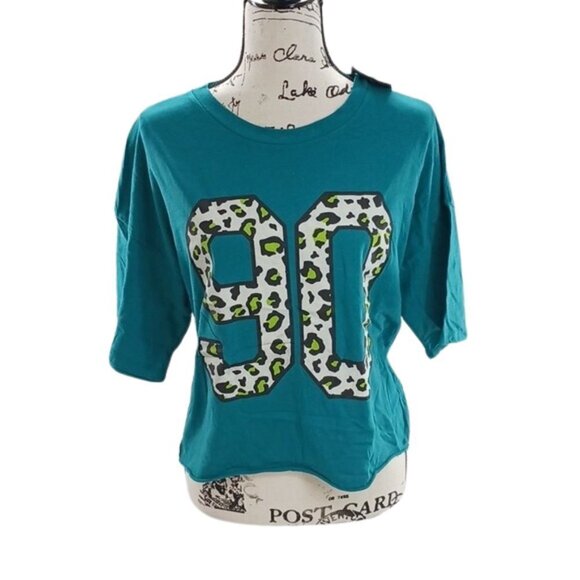 Grayson Threads Womens Crop Top Teal 90 Leopard Print Graphic Tee - Picture 2 of 8